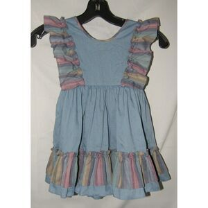 Vintage Girls Sz 4 Blue Ruffled Tie Back Sleeveless Church Dress MINIWORLD